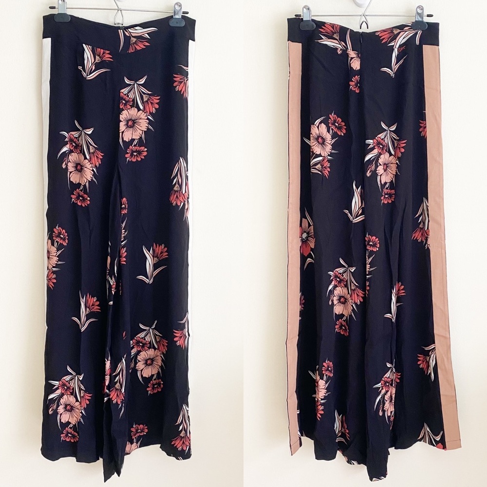 Eva Longoria Floral Ribbon Stripe Wide Leg Crepe Trouser Pant Black Pink 6 - Picture 2 of 12